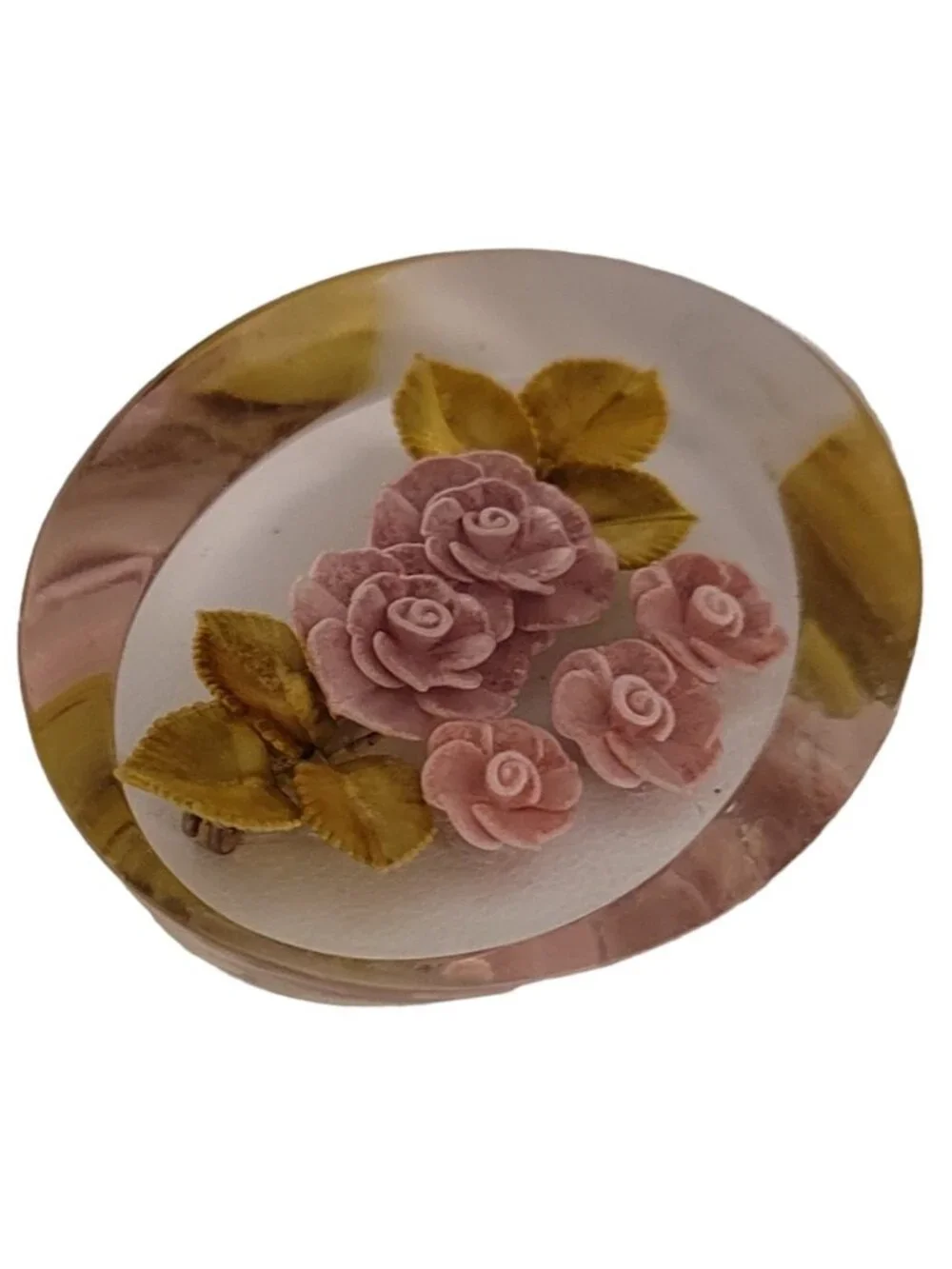 Vintage Clear Lucite Resin Reversed Carved Pink Rose Flower Oval Brooch Pin E269